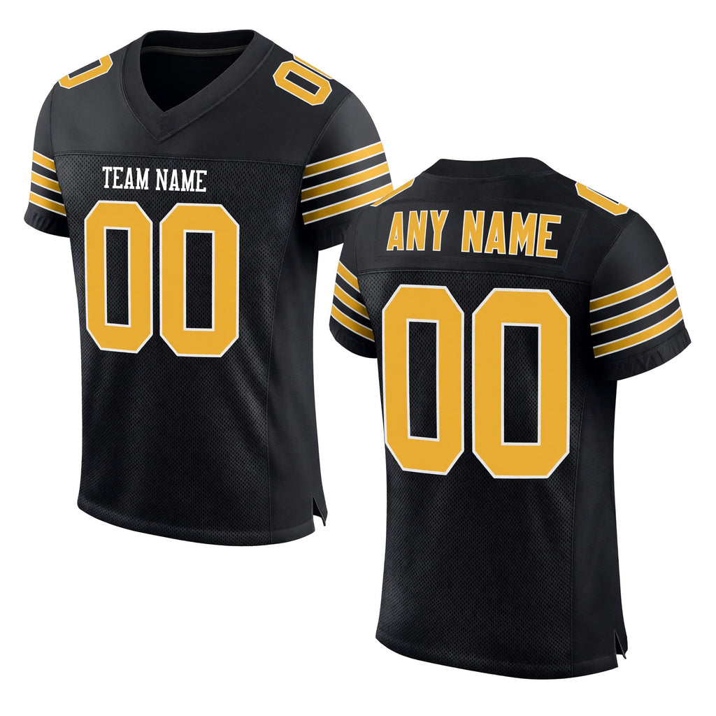 Custom Black Old Gold-White Mesh Authentic Football Jersey