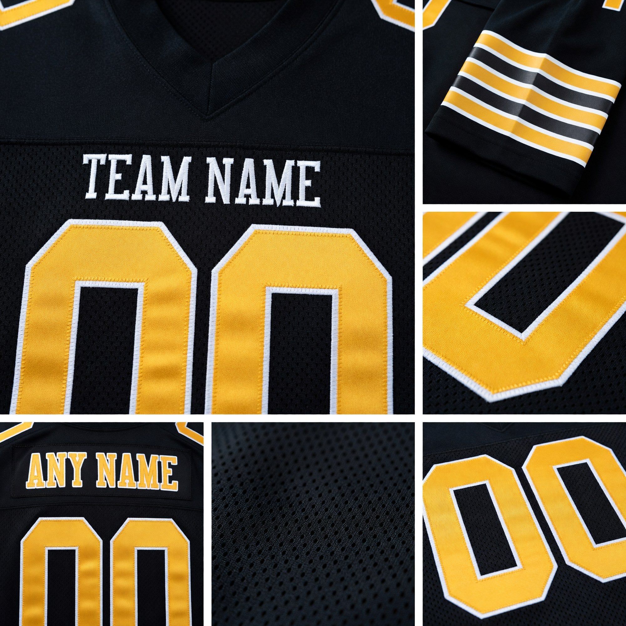 Custom Black Old Gold-White Mesh Authentic Football Jersey detail