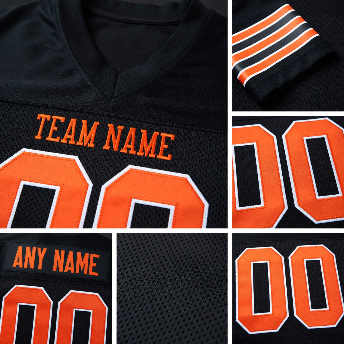 Custom Black Orange-White Mesh Authentic Football Jersey detail