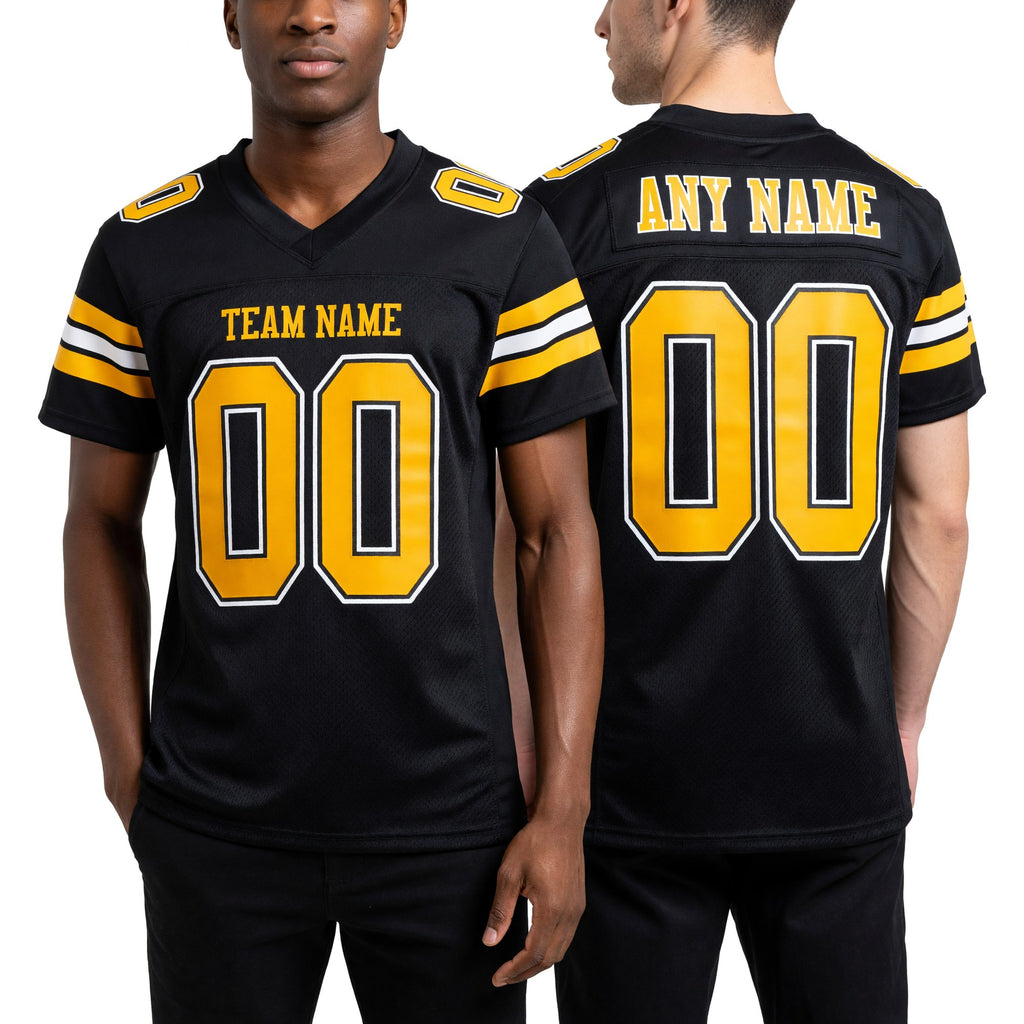 Custom Black Gold-White Mesh Authentic Football Jersey worn front and back