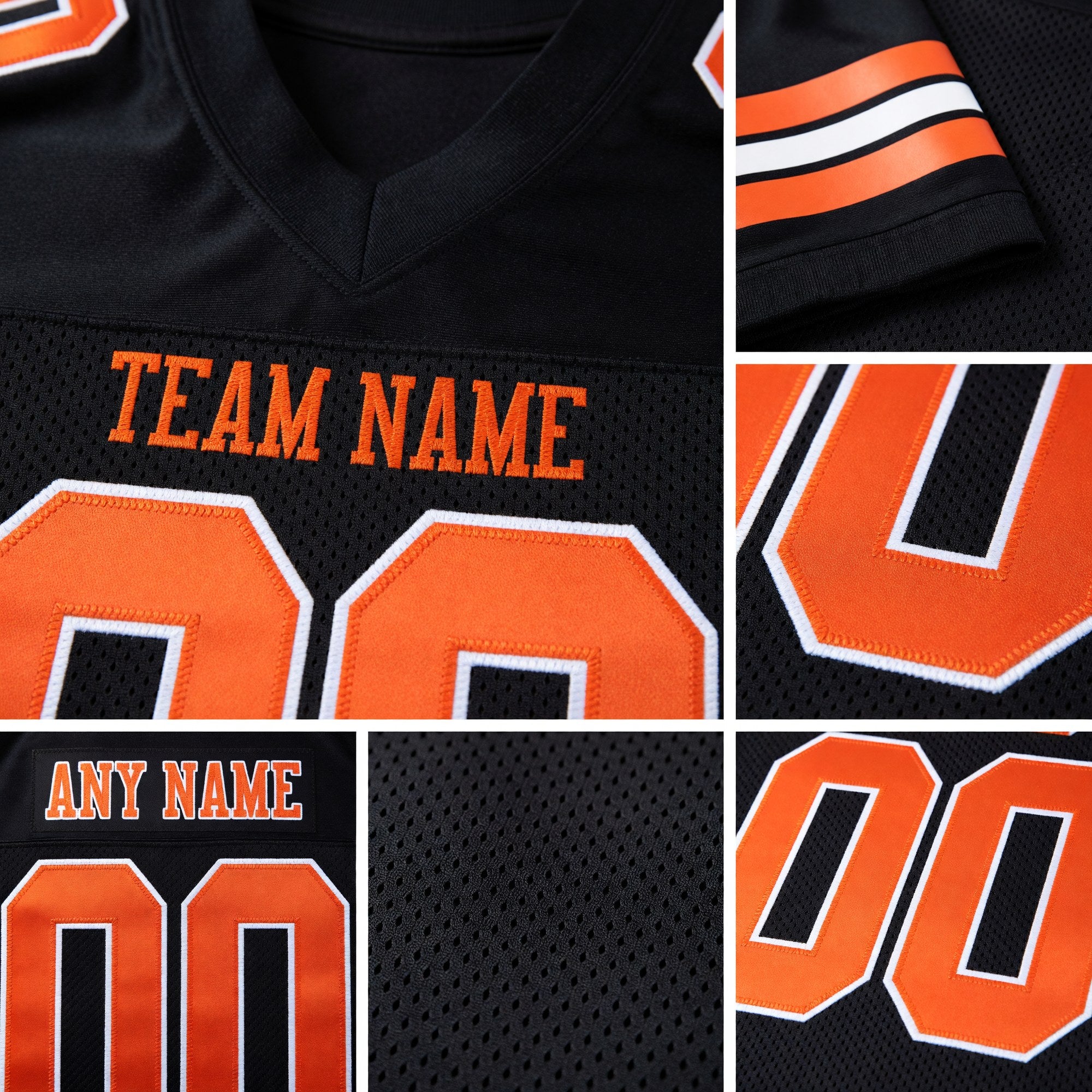 Custom Black Orange-White Mesh Authentic Football Jersey detail