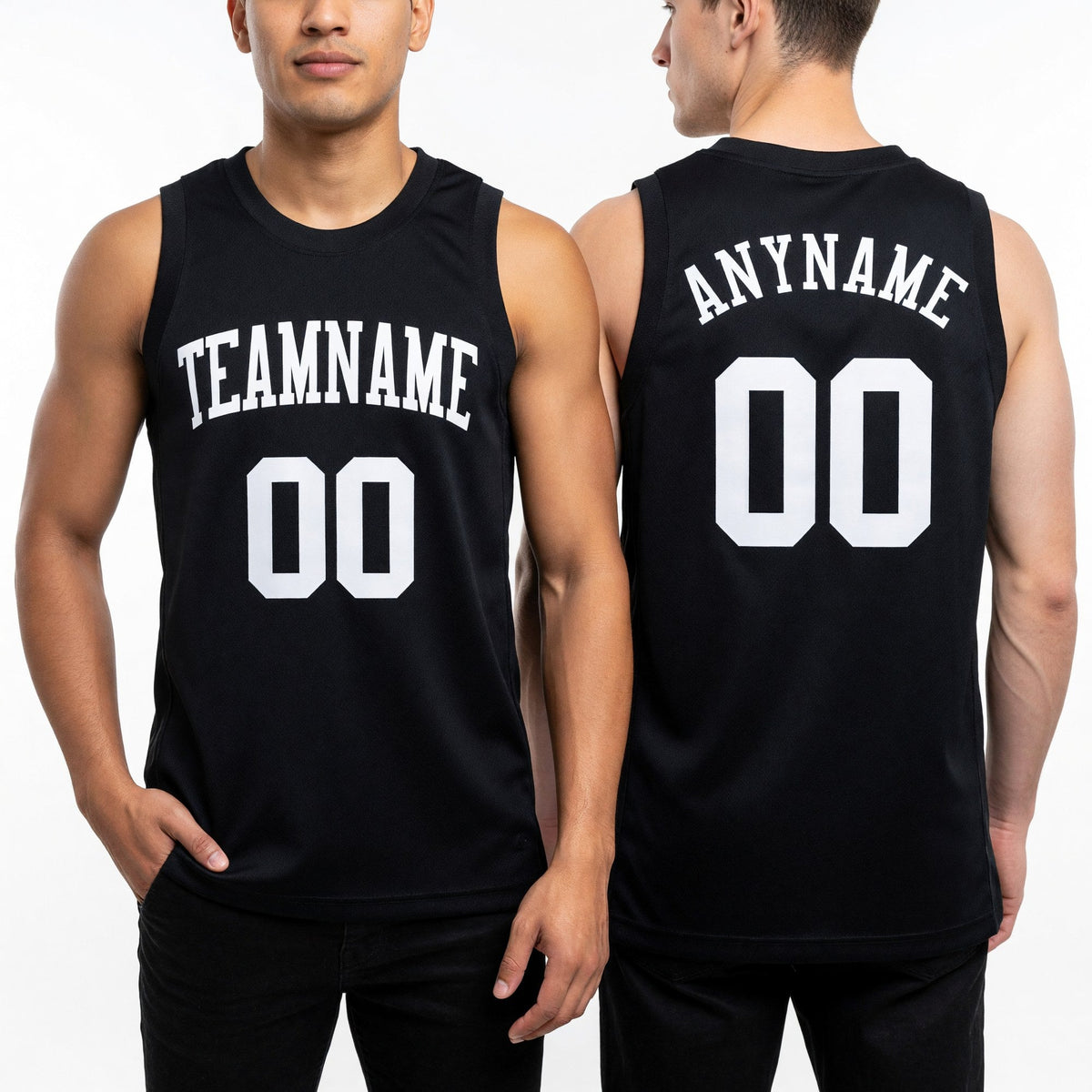 Custom Black White Round Neck Basketball Jersey worn front and back