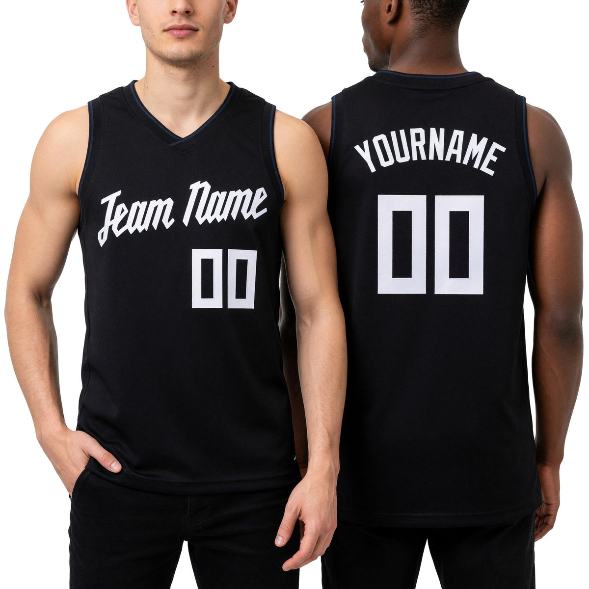 Custom Black White Round Neck Basketball Jersey worn front and back