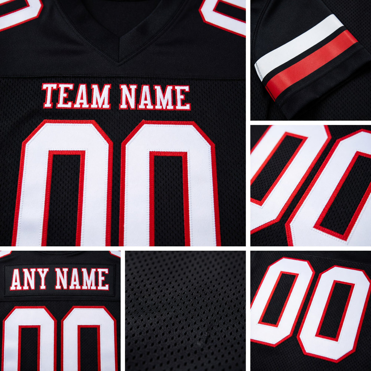 Custom Black White-Red Mesh Authentic Football Jersey detail