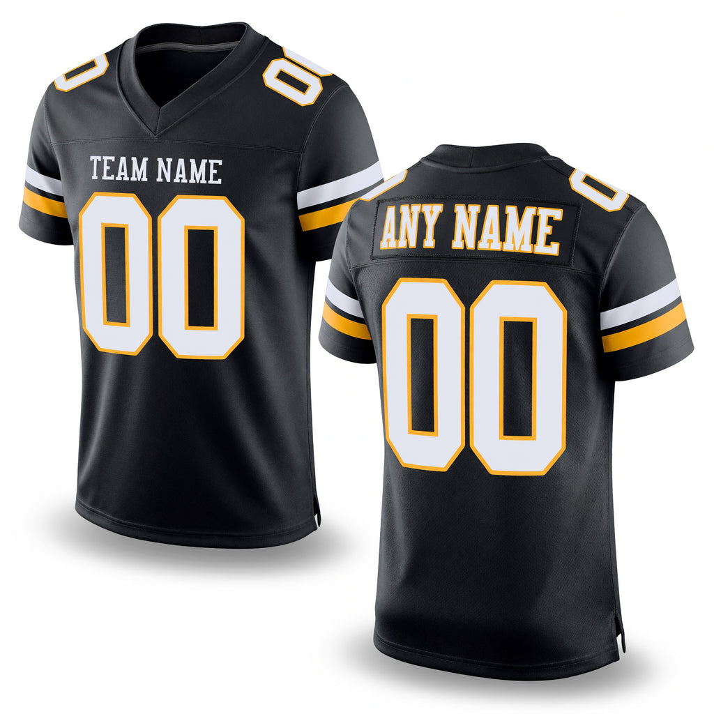 Custom Black White-Gold Mesh Authentic Football Jersey