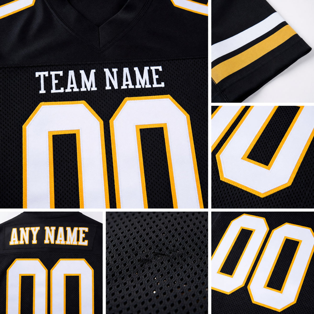 Custom Black White-Gold Mesh Authentic Football Jersey detail