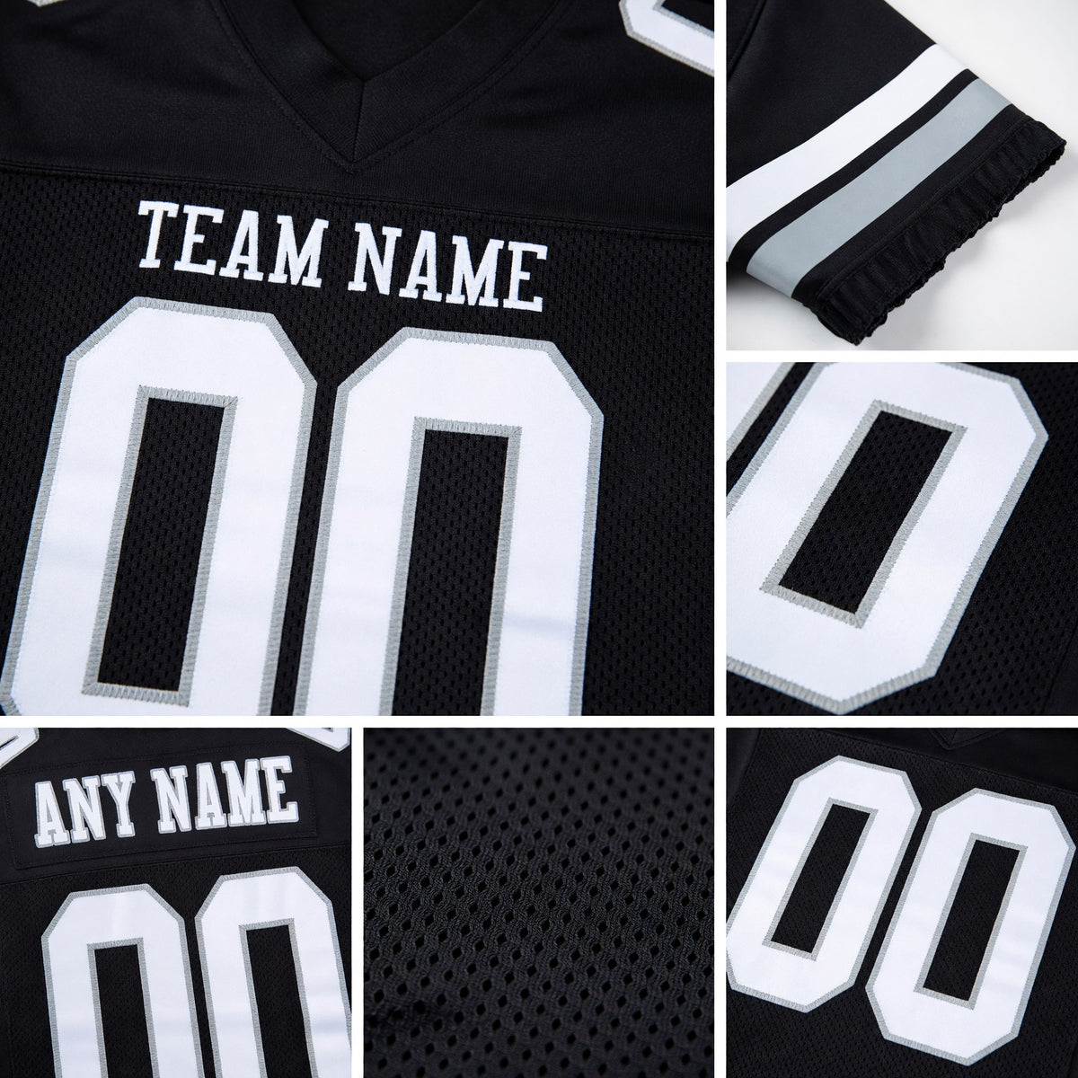 Custom Black White-Silver Mesh Authentic Football Jersey detail