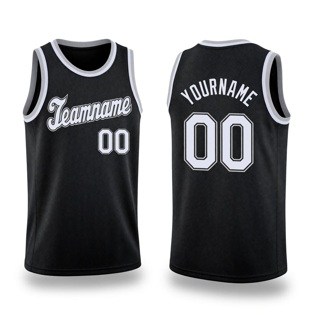 Custom Black White-Gray Round Neck Rib-Knit Basketball Jersey