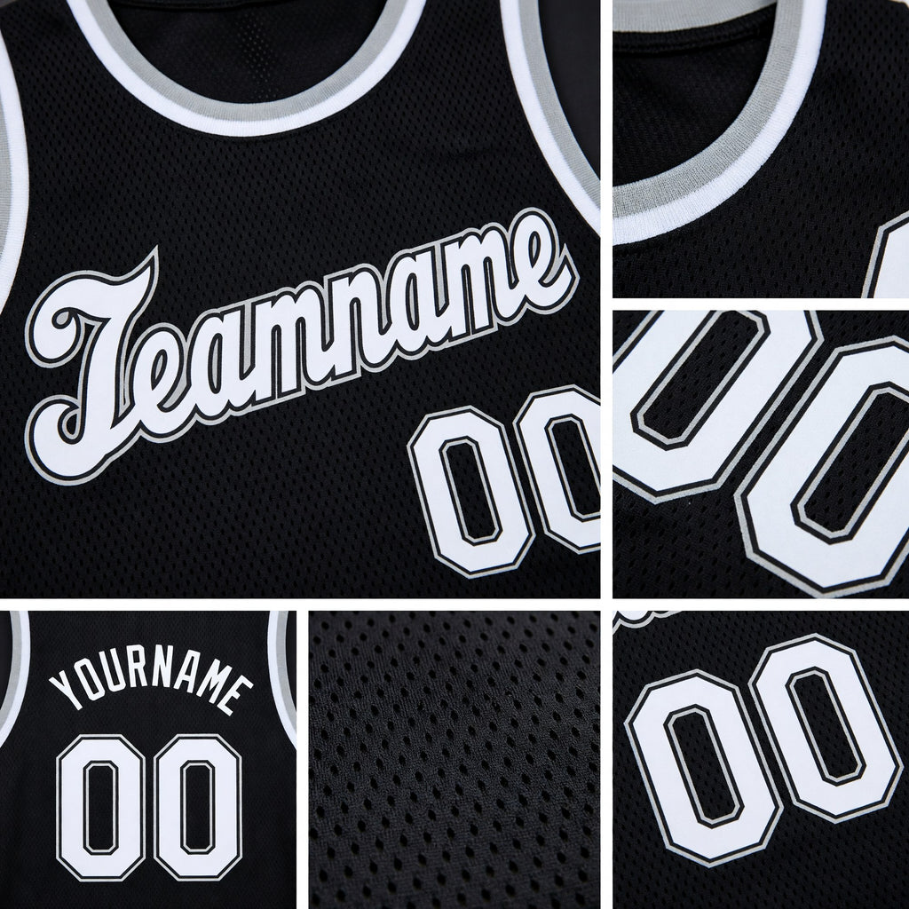 Custom Black White-Gray Round Neck Rib-Knit Basketball Jersey detail