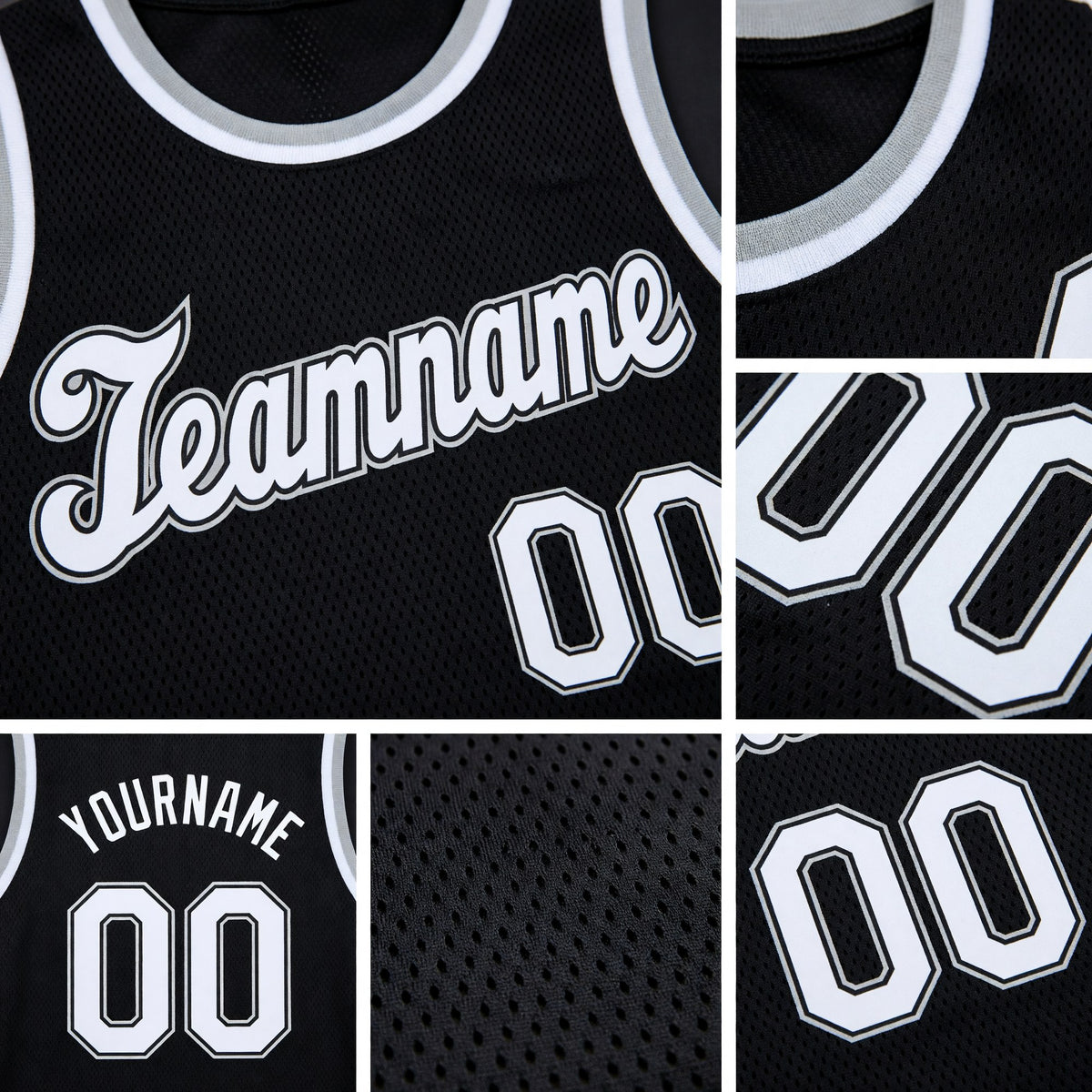 Custom Black White-Gray Round Neck Rib-Knit Basketball Jersey detail