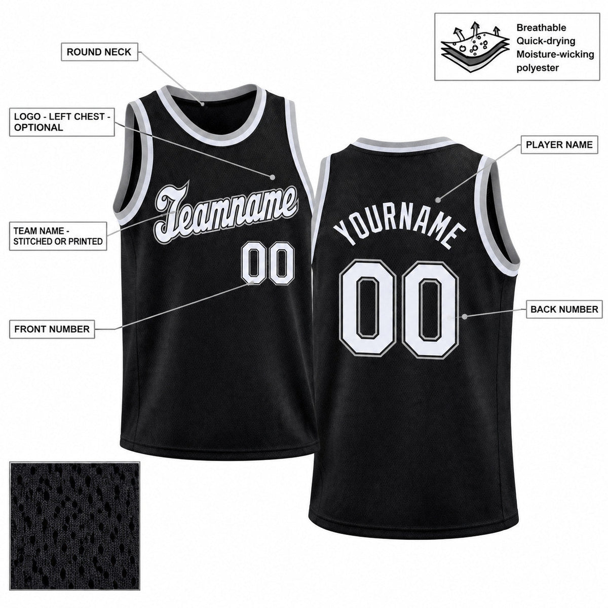 Custom Black Round Neck Basketball Jersey with White and Gray Lettering customization guide