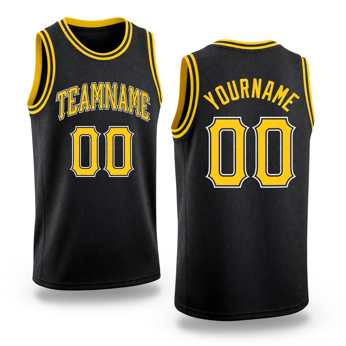 Custom Black Gold-White Round Neck Rib-Knit Basketball Jersey