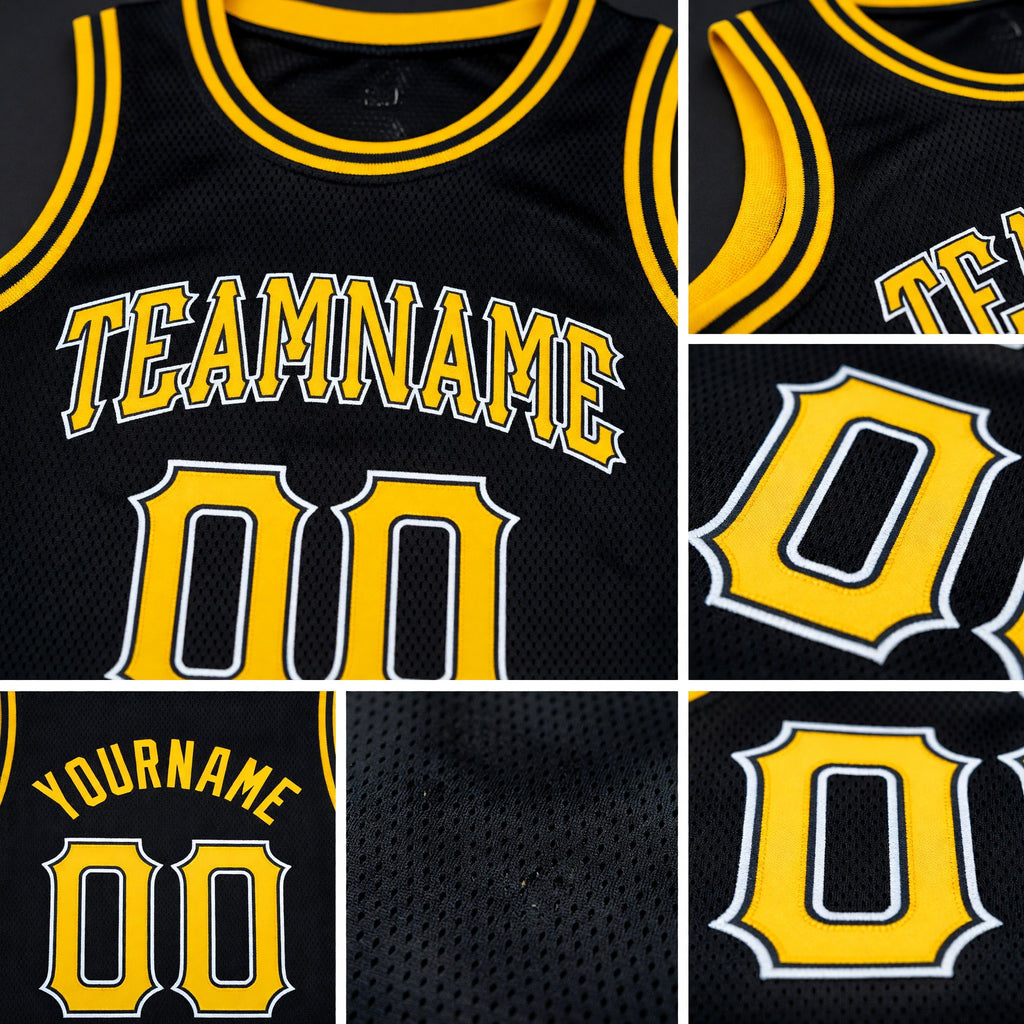 Custom Black Gold-White Round Neck Rib-Knit Basketball Jersey detail