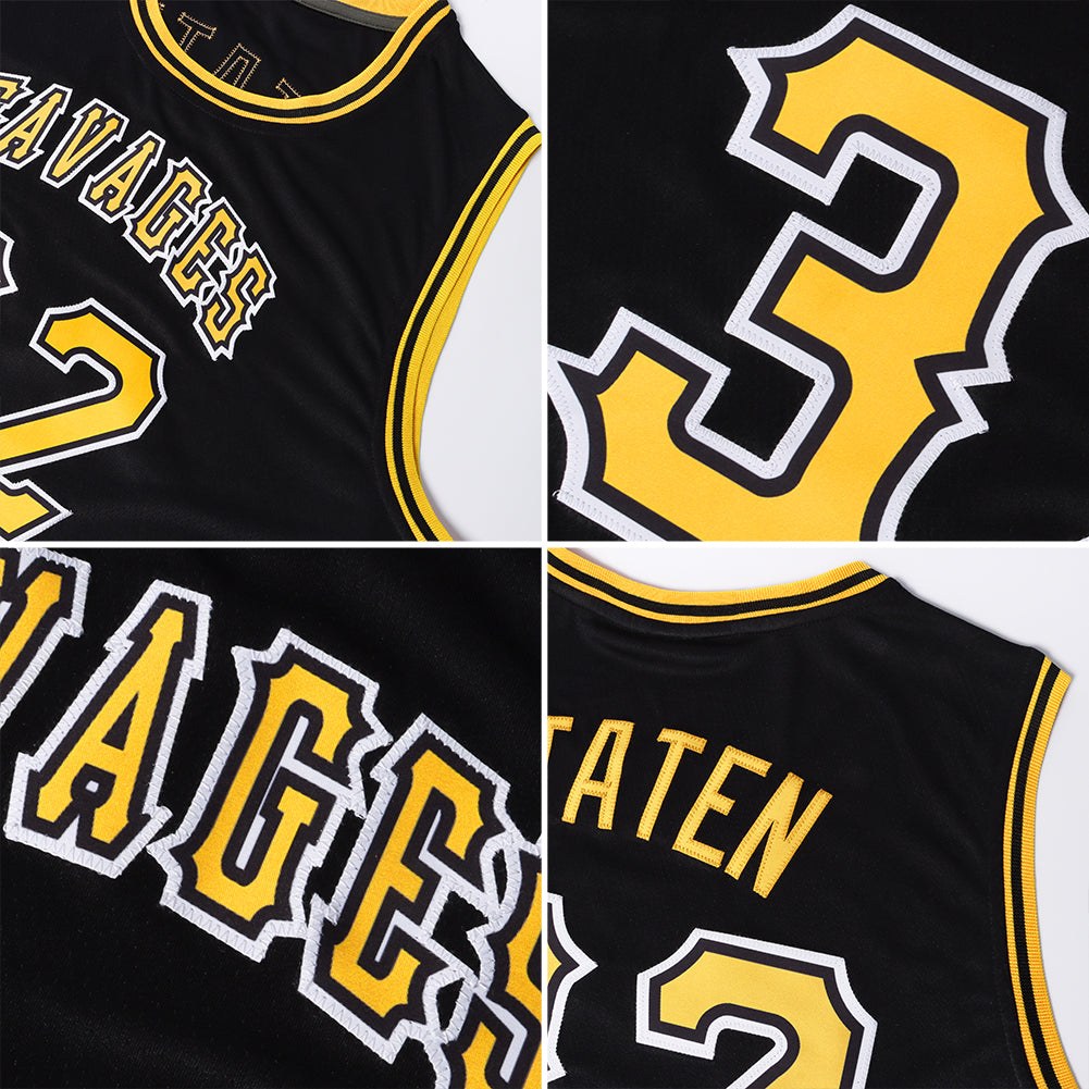 Custom Black Gold-White Round Neck Rib-Knit Basketball Jersey photo 5