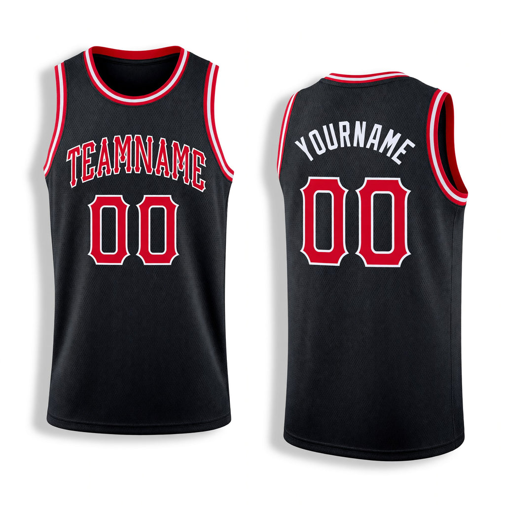 Custom Black Red-White Round Neck Rib-Knit Basketball Jersey