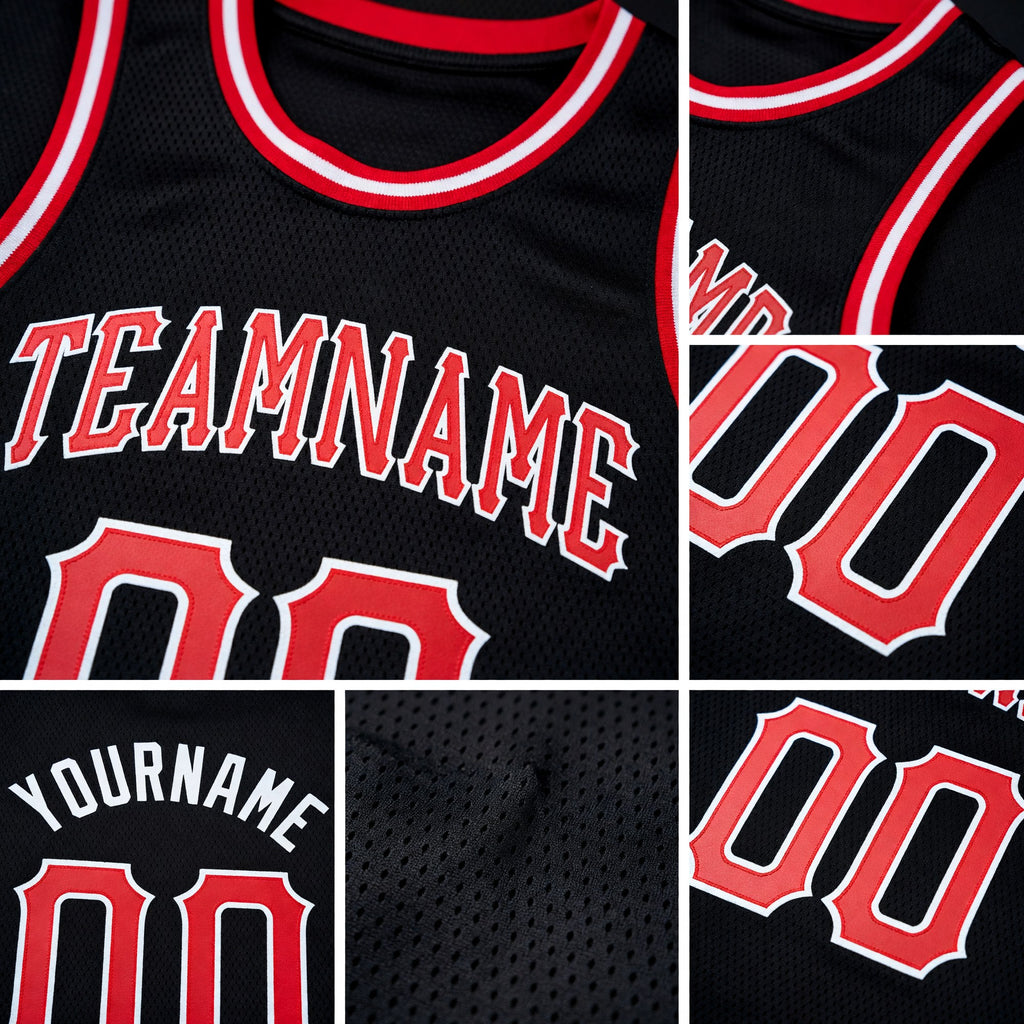 Custom Black Red-White Round Neck Rib-Knit Basketball Jersey detail