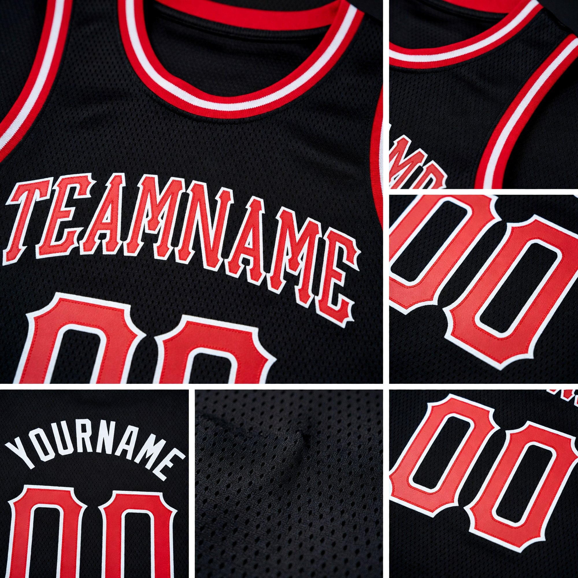 Custom Black Red-White Round Neck Rib-Knit Basketball Jersey detail