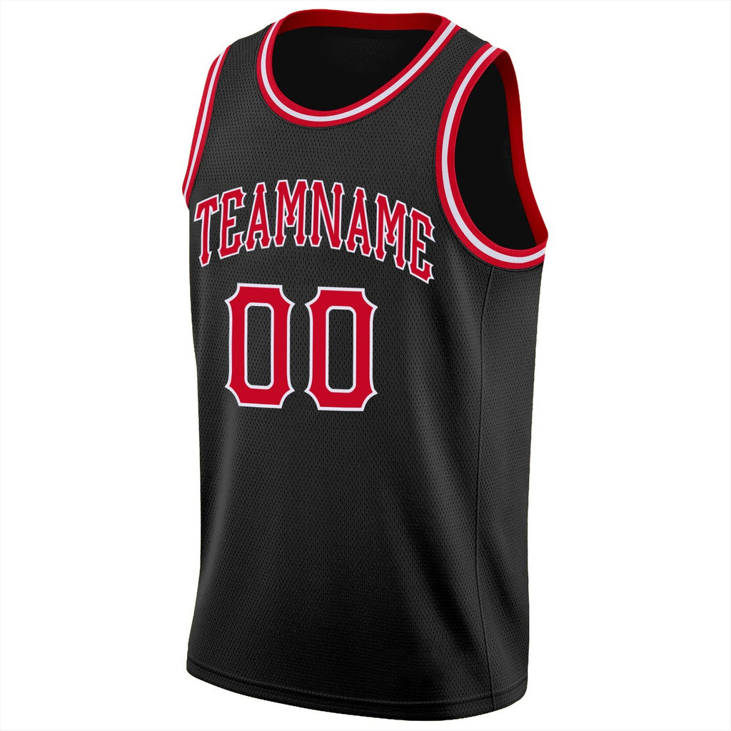 Custom Black Red-White Round Neck Rib-Knit Basketball Jersey photo 4