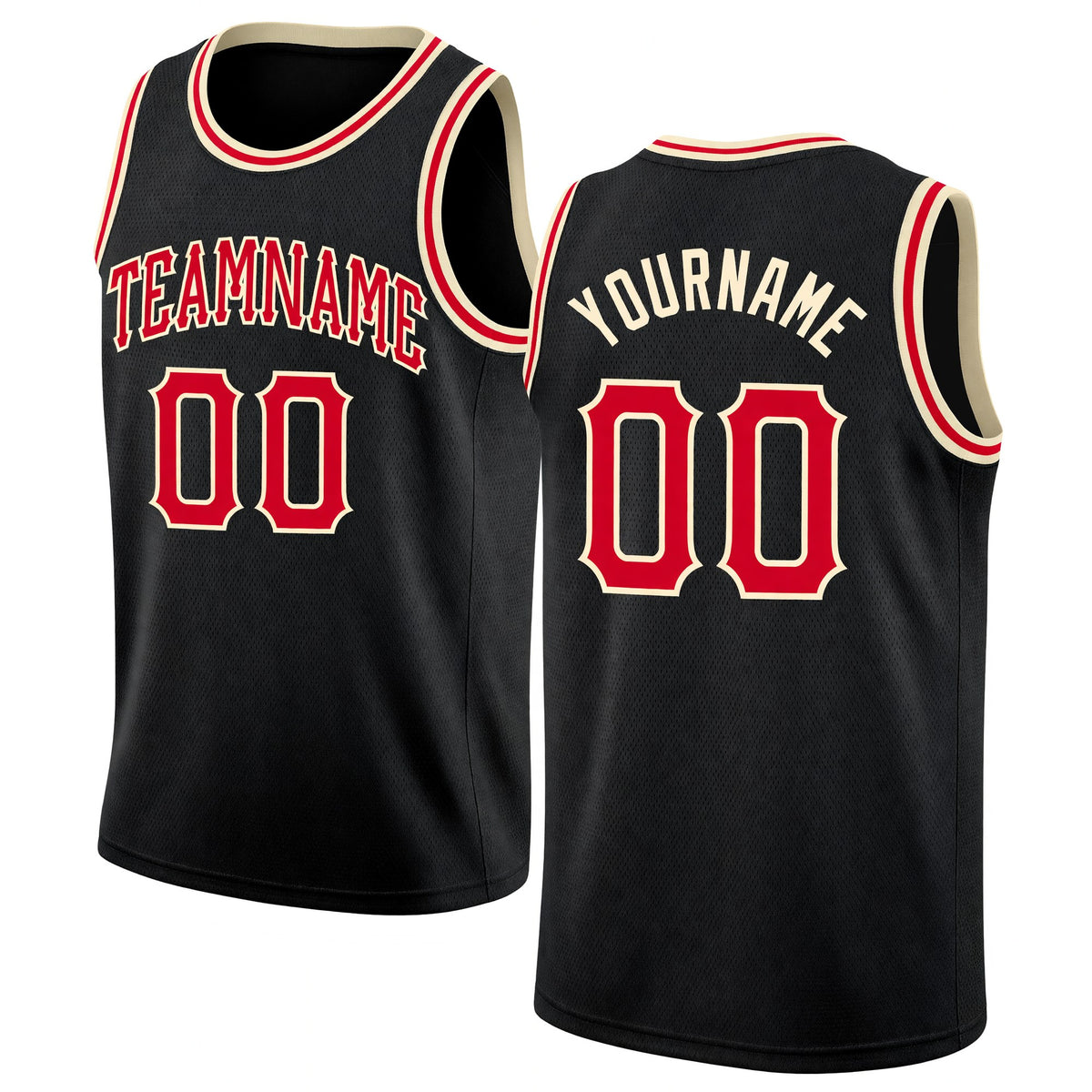 Custom Black Red-Cream Round Neck Rib-Knit Basketball Jersey