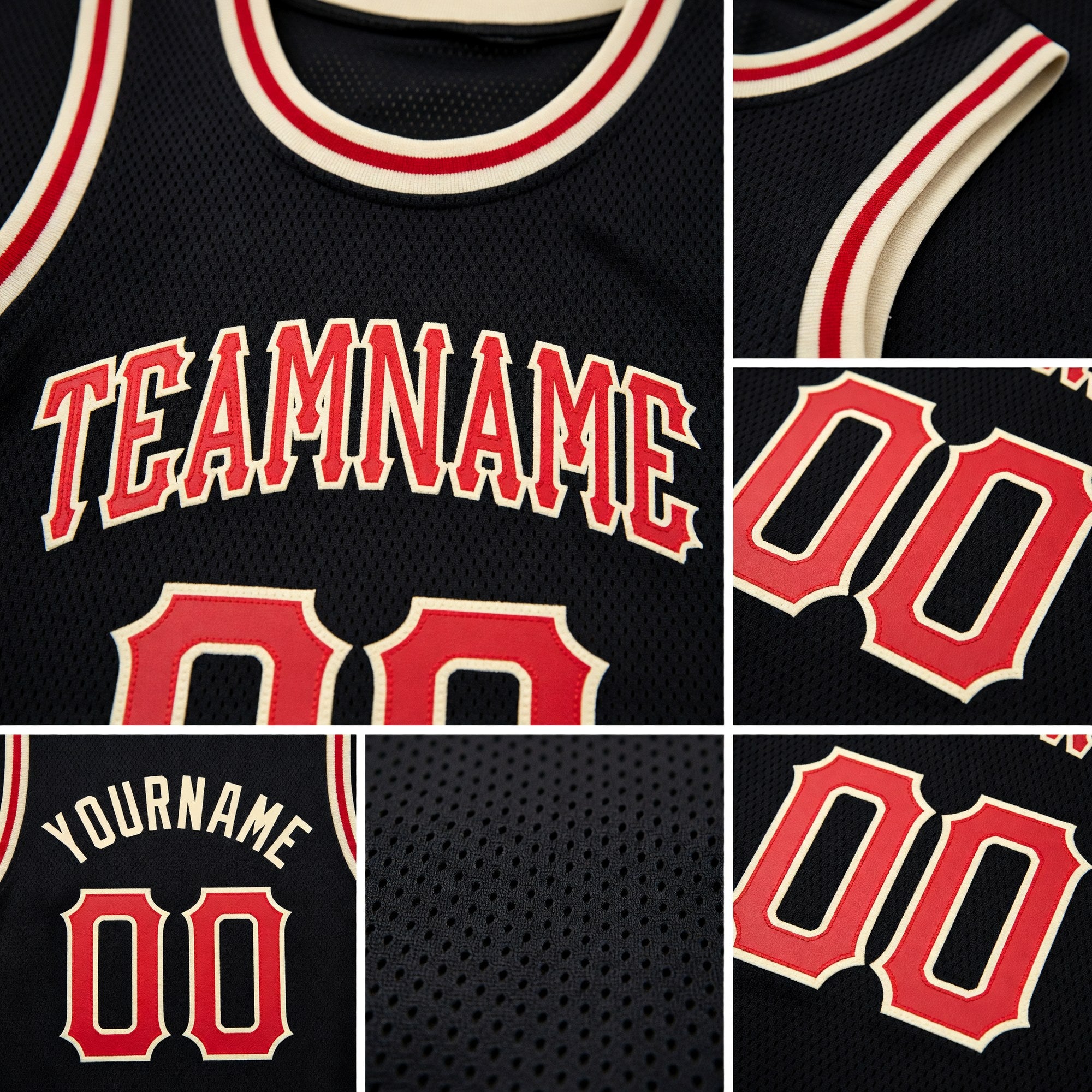 Custom Black Red-Cream Round Neck Rib-Knit Basketball Jersey detail