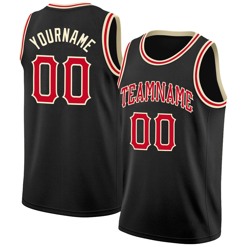 Custom Black Red-Cream Round Neck Rib-Knit Basketball Jersey photo 1
