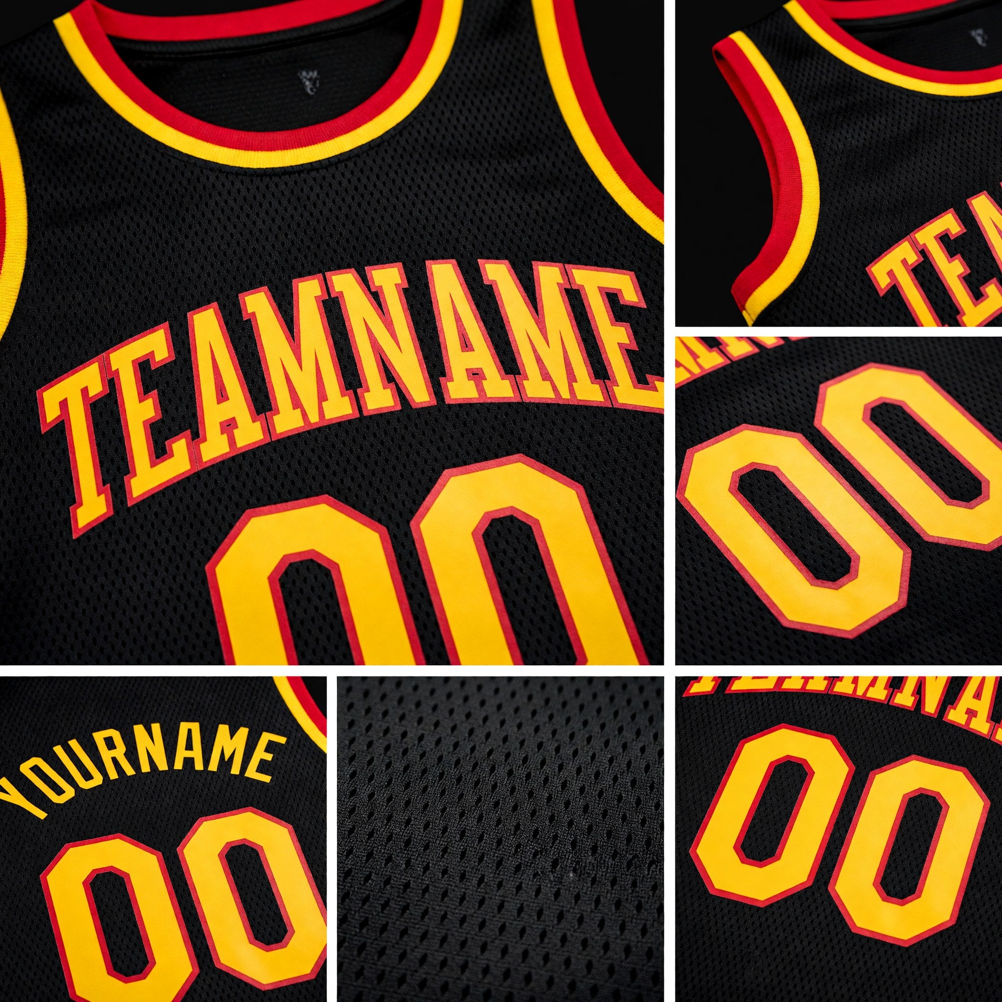 Custom Black Gold-Red Round Neck Rib-Knit Basketball Jersey detail