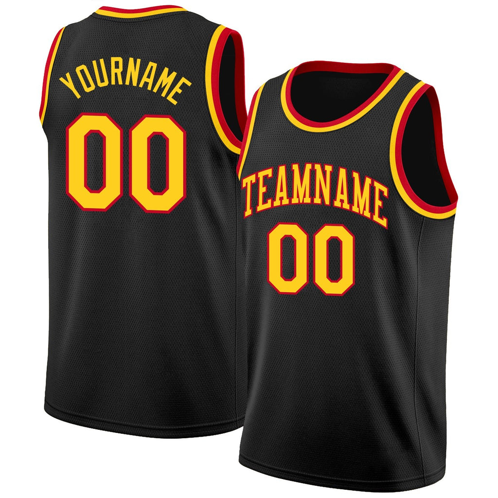 Custom Black Gold-Red Round Neck Rib-Knit Basketball Jersey photo 1