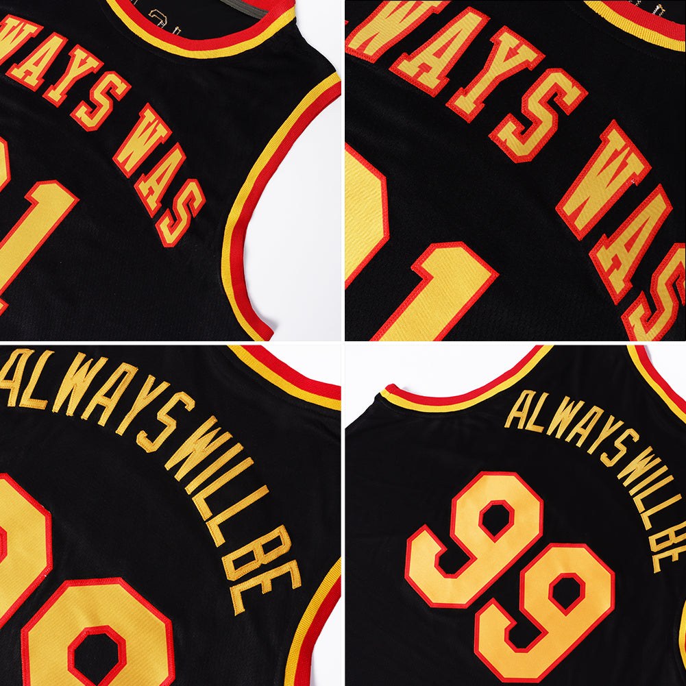 Custom Black Gold-Red Round Neck Rib-Knit Basketball Jersey photo 4