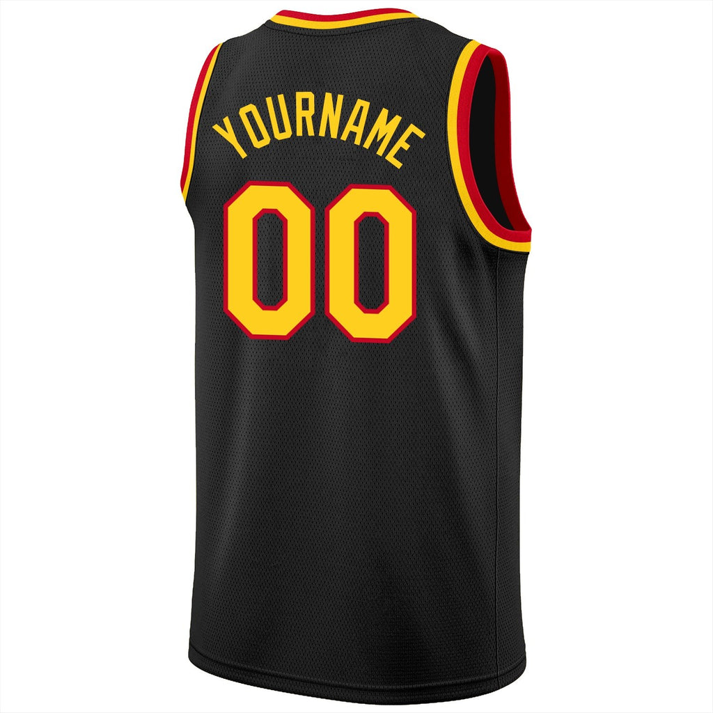 Custom Black Gold-Red Round Neck Rib-Knit Basketball Jersey photo 6