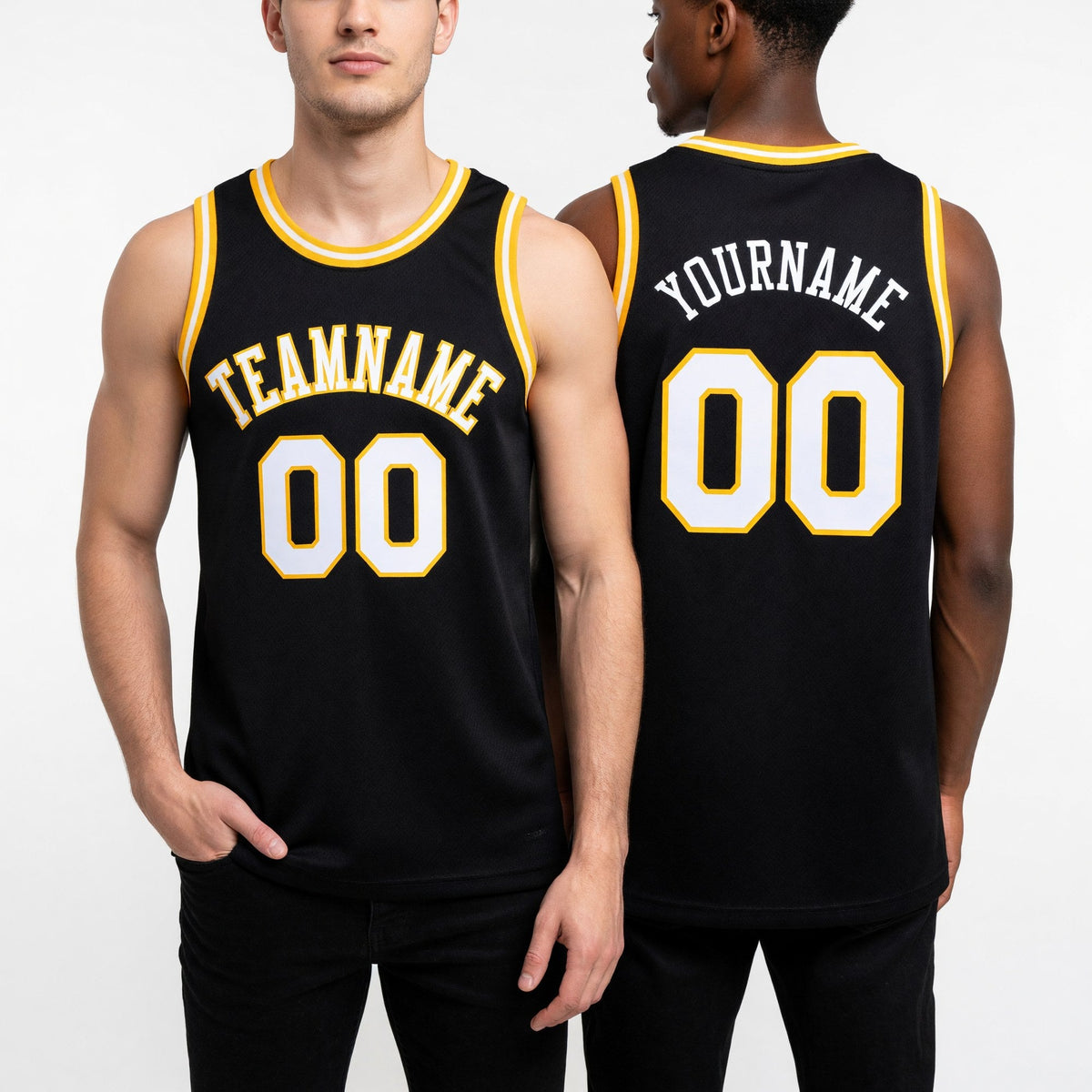 Custom Black White-Gold Round Neck Rib-Knit Basketball Jersey worn front and back