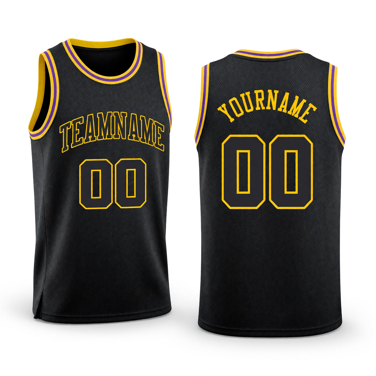 Custom Black Black-Gold Round Neck Rib-Knit Basketball Jersey