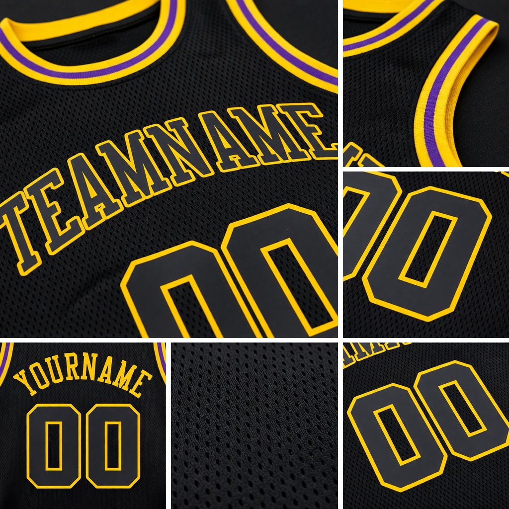 Custom Black Black-Gold Round Neck Rib-Knit Basketball Jersey detail