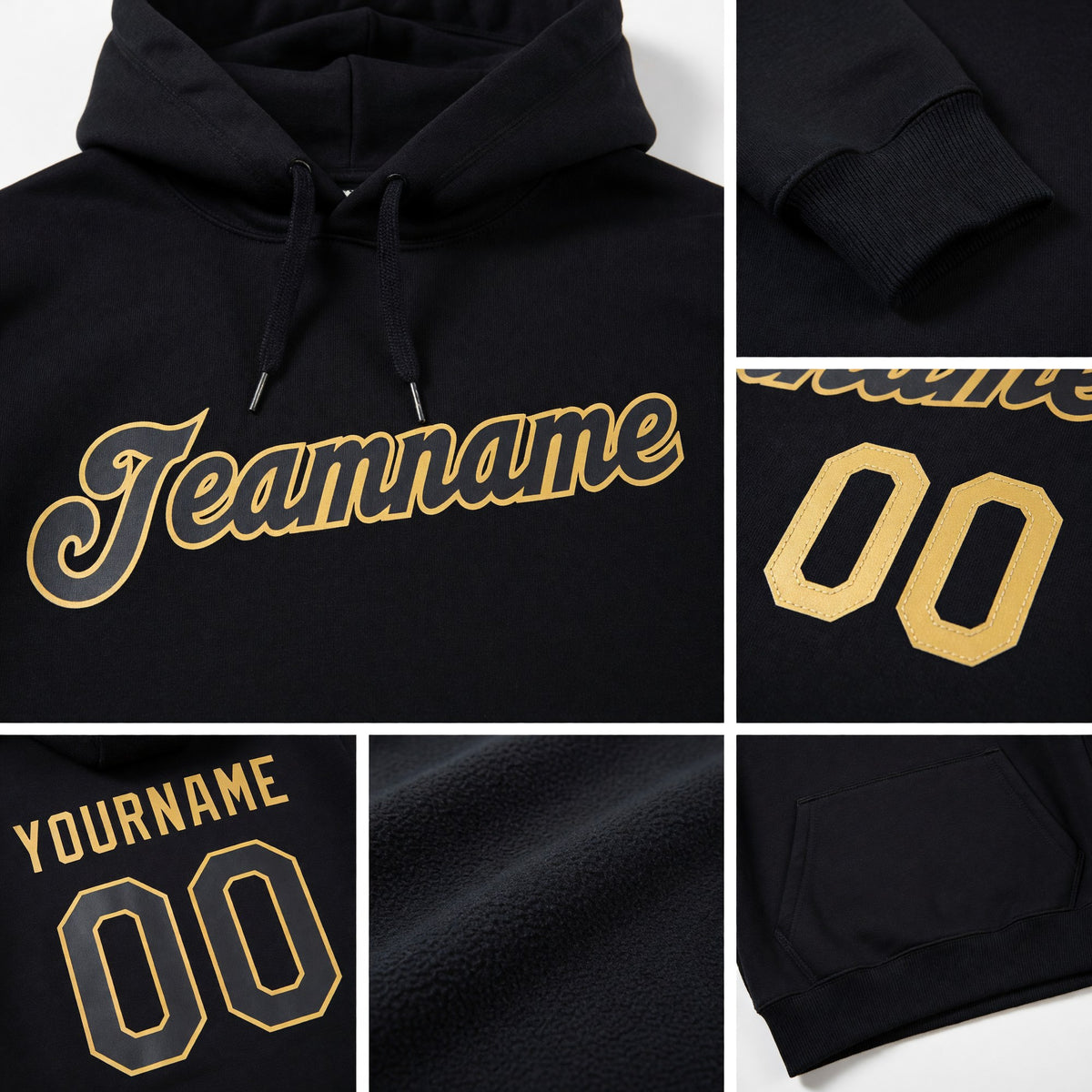 Custom Stitched Black Black-Old Gold Sports Pullover Sweatshirt Hoodie detail