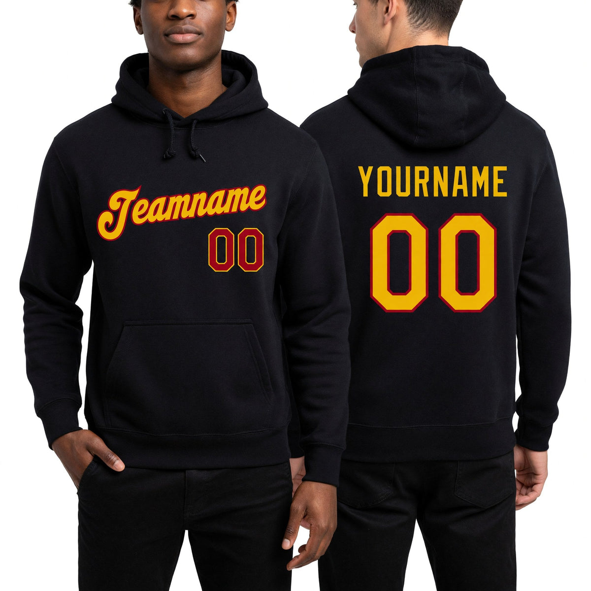 Custom Stitched Black Gold-Red Sports Pullover Sweatshirt Hoodie worn front and back