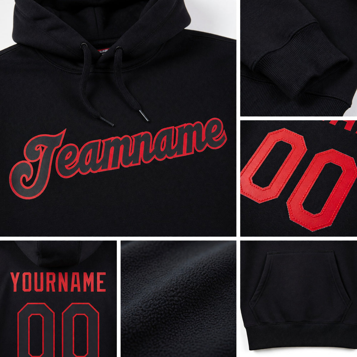 Custom Stitched Black Black-Red Sports Pullover Sweatshirt Hoodie detail