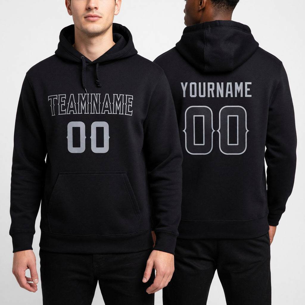 Custom Stitched Black Black-Gray Sports Pullover Sweatshirt Hoodie worn front and back