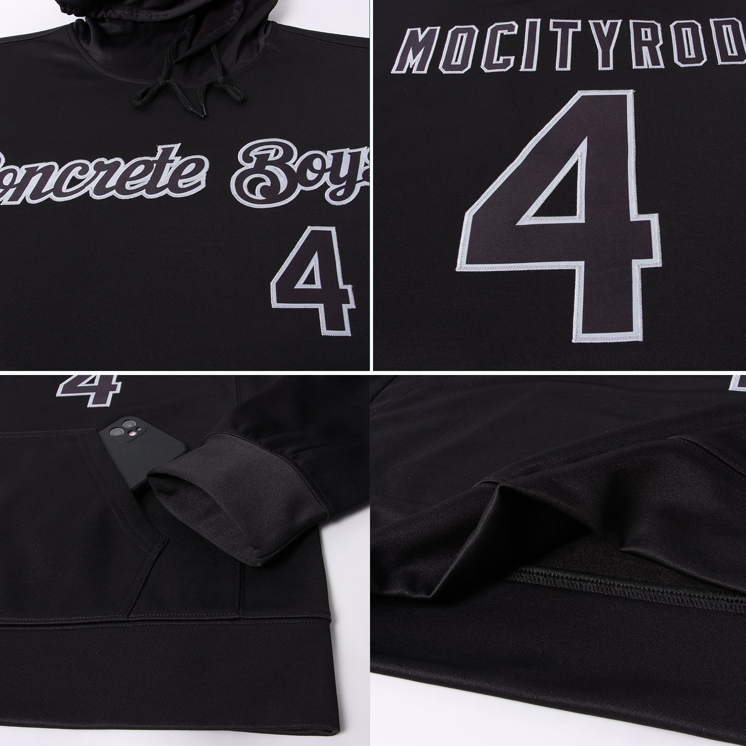 Custom Stitched Black Black-Gray Sports Pullover Sweatshirt Hoodie photo 6