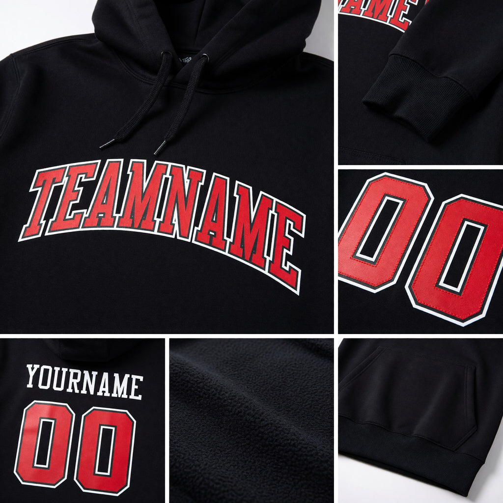 Custom Stitched Black Red-White Sports Pullover Sweatshirt Hoodie detail