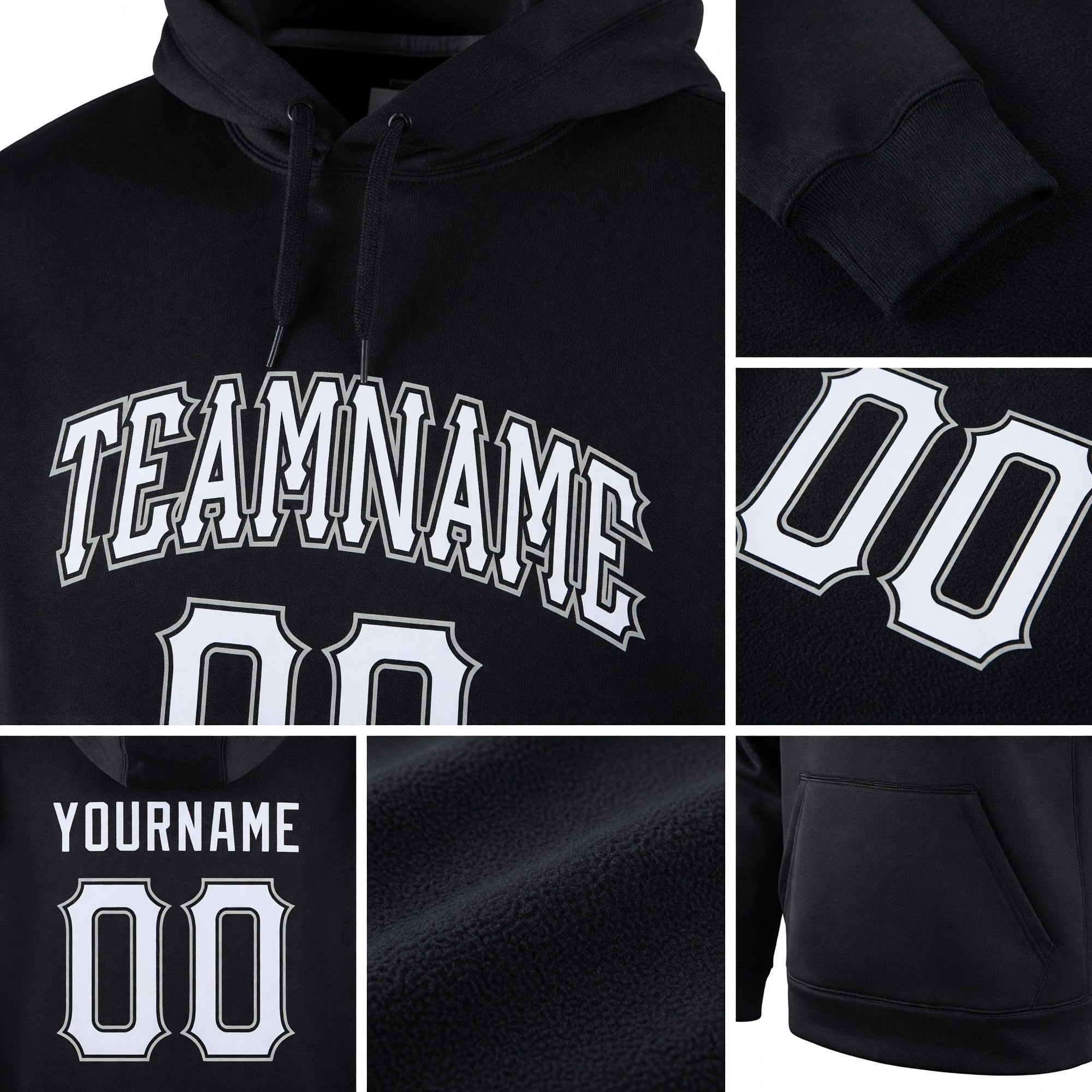 Custom Stitched Black White-Gray Sports Pullover Sweatshirt Hoodie detail