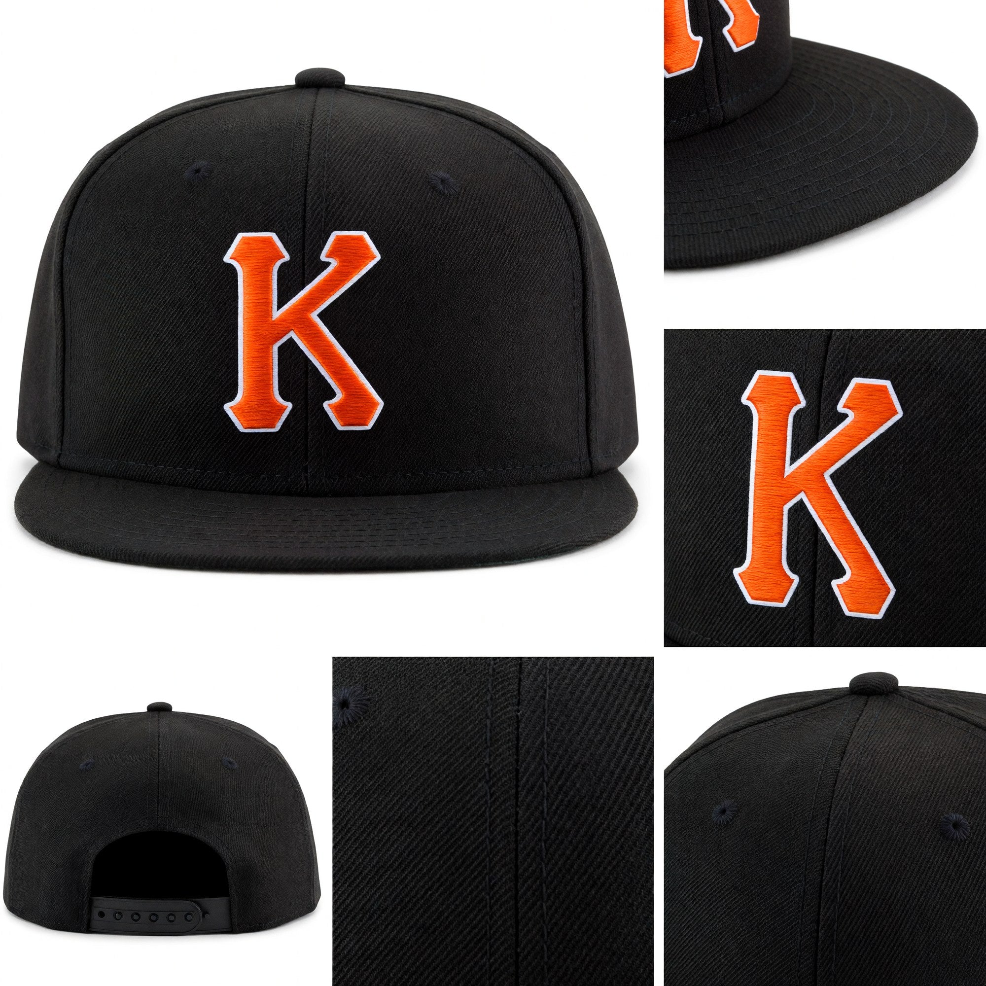 Custom Black Orange-White Stitched Adjustable Snapback Hat detail