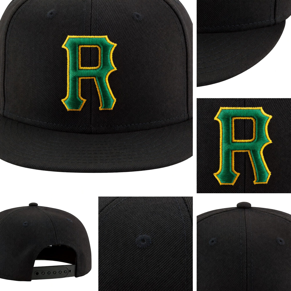 Custom Black Green-Gold Stitched Adjustable Snapback Hat detail