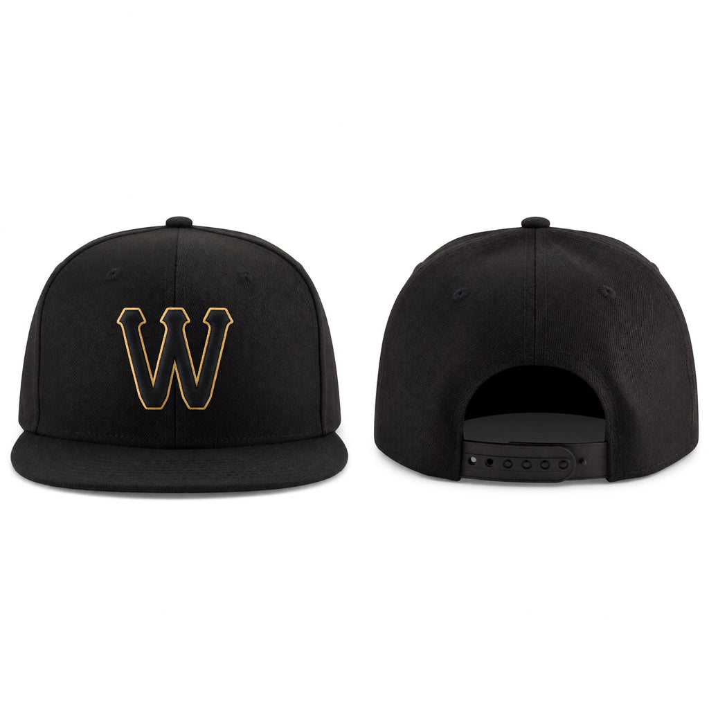 Custom Black Black-Old Gold Stitched Adjustable Snapback Hat