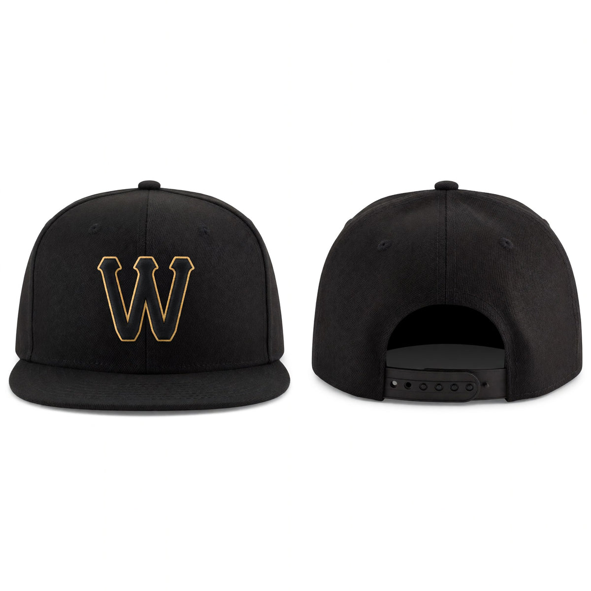 Custom Black Black-Old Gold Stitched Adjustable Snapback Hat