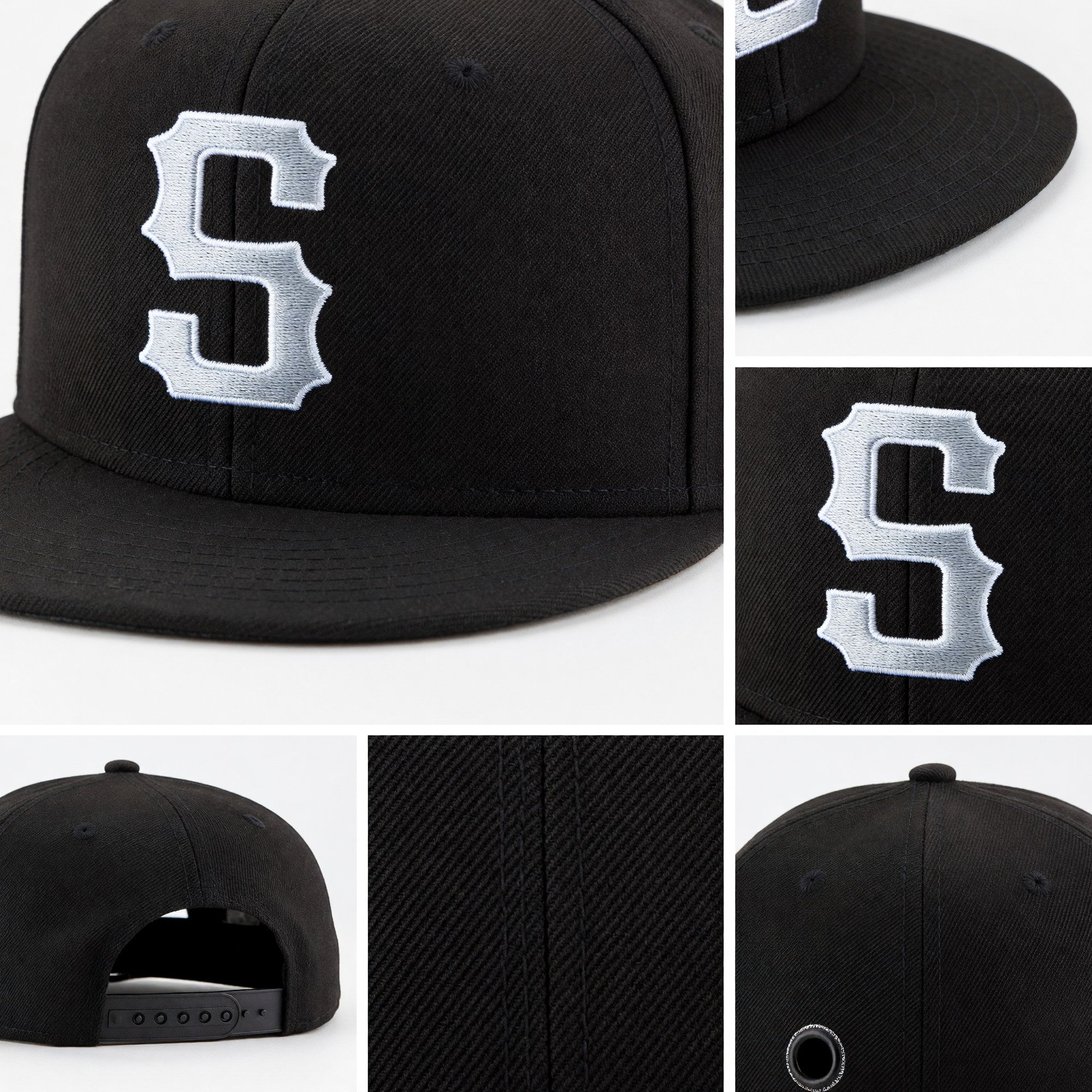 Custom Black Light Gray-White Stitched Adjustable Snapback Hat detail