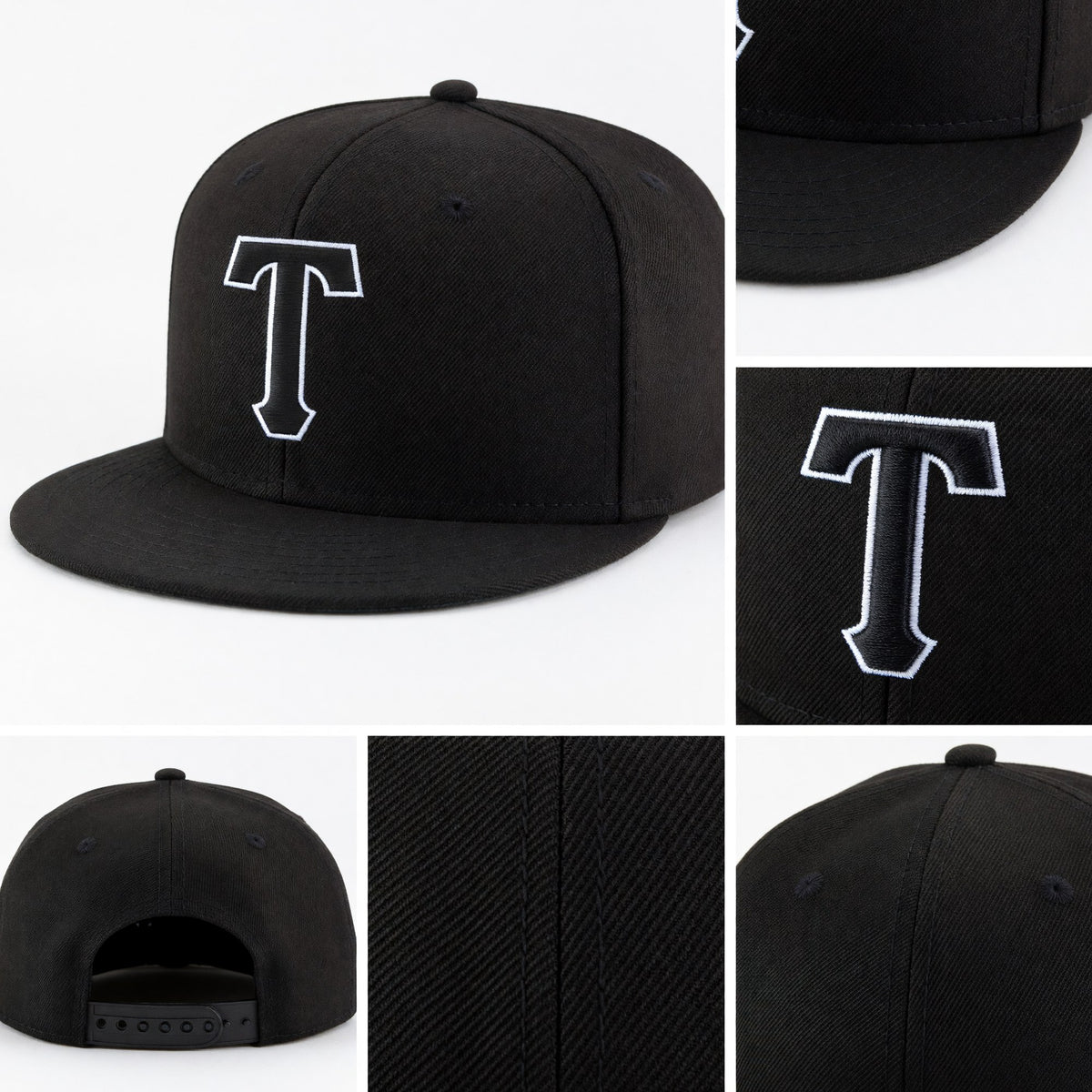Custom Black Black-White Stitched Adjustable Snapback Hat detail