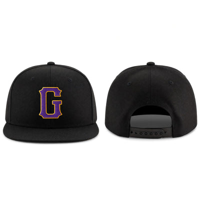 Custom Black Adjustable Snapback Hat with Purple and Gold Lettering