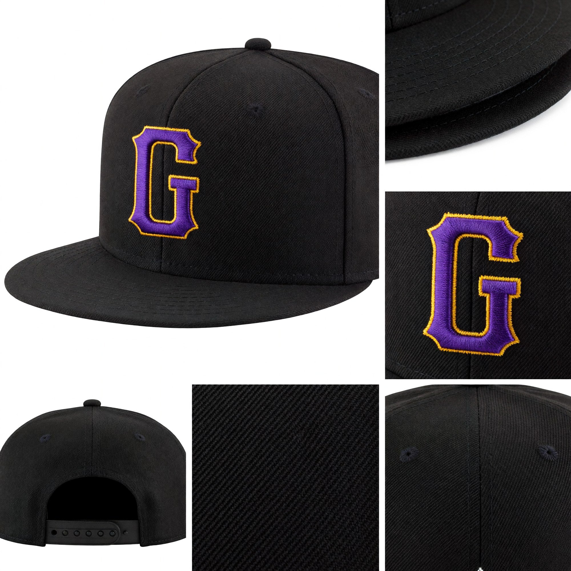 Custom Black Purple-Gold Stitched Adjustable Snapback Hat detail