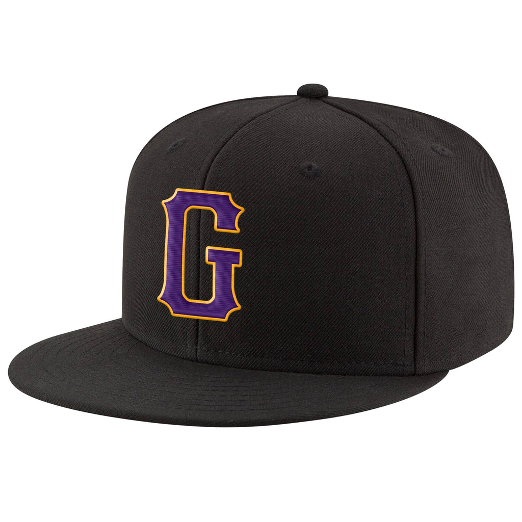 Custom Black Purple-Gold Stitched Adjustable Snapback Hat photo 1