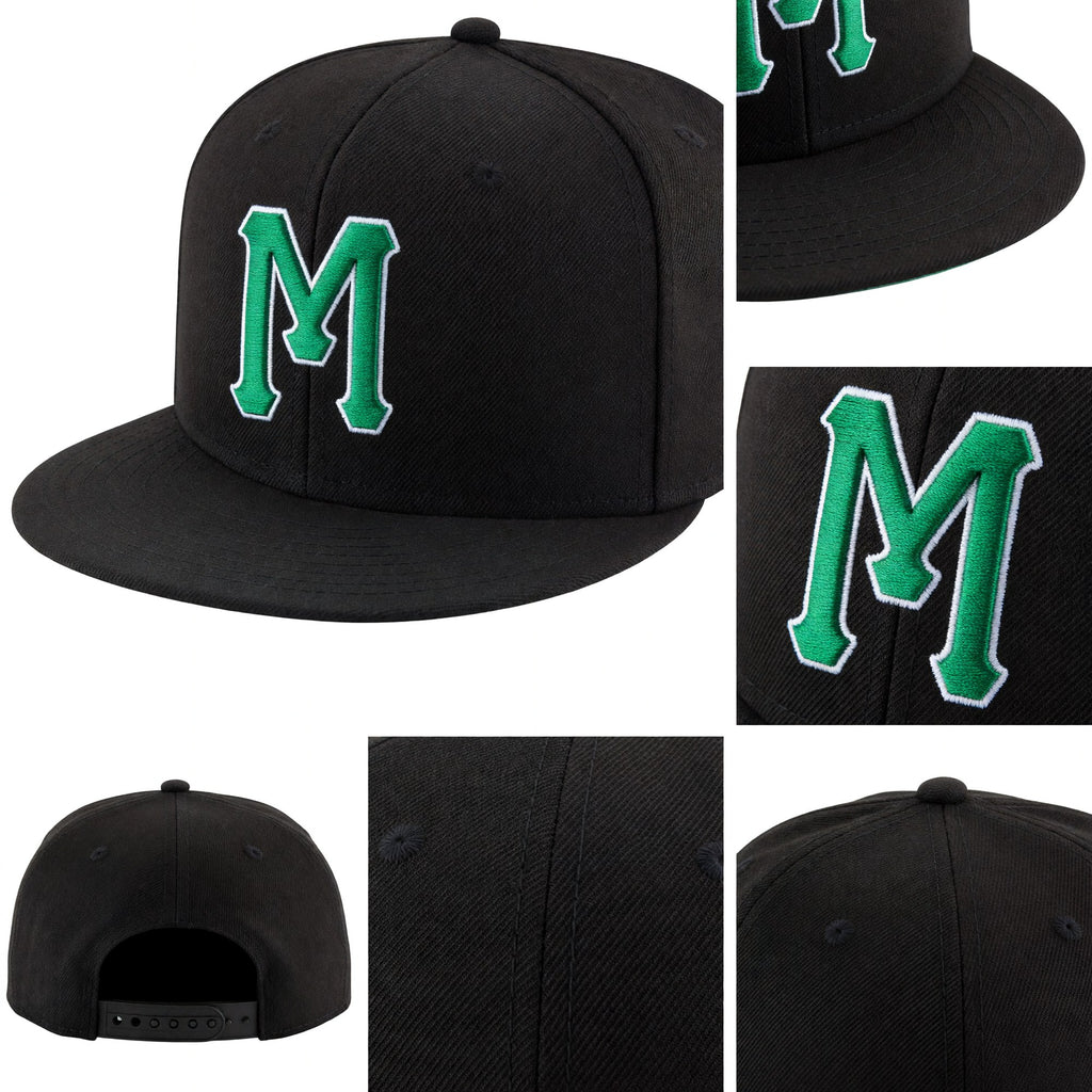 Custom Black Kelly Green-White Stitched Adjustable Snapback Hat detail