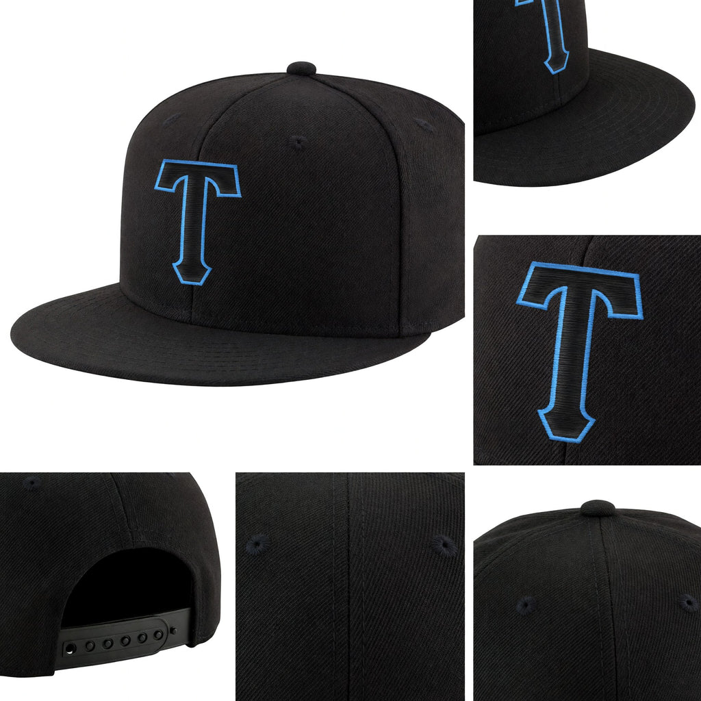 Custom Black Black-Powder Blue Stitched Adjustable Snapback Hat detail